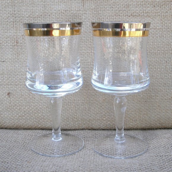 Vintage Krosno Silver & Gold Band Wine Glass Set of 2 - Picture 2 of 16